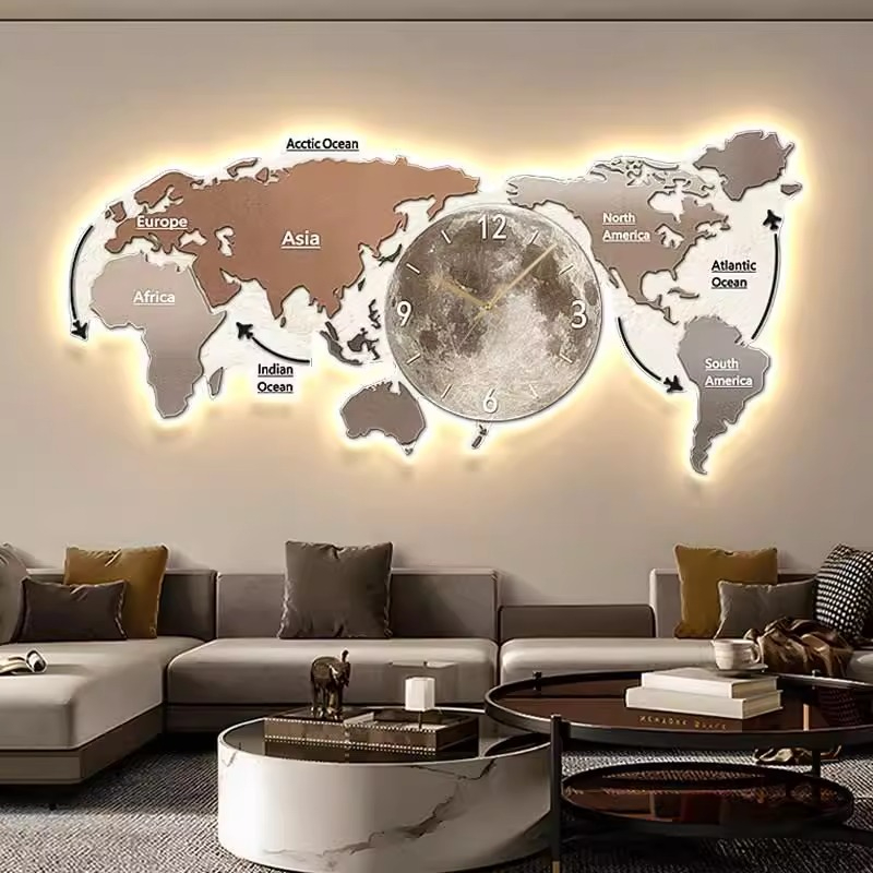 Luxury Watch Wall Clock - ساعة حائط مضيئة بتصميم خريطة العالم،